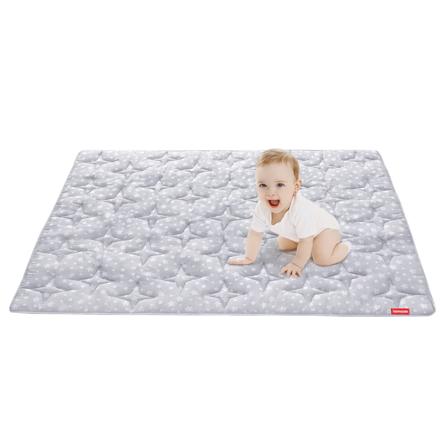 Baby Play Mat | Playpen Mat - 79" x 71", Large Padded Tummy Time Activity Mat for Infant & Toddler, Grey Star - Moonsea Bedding