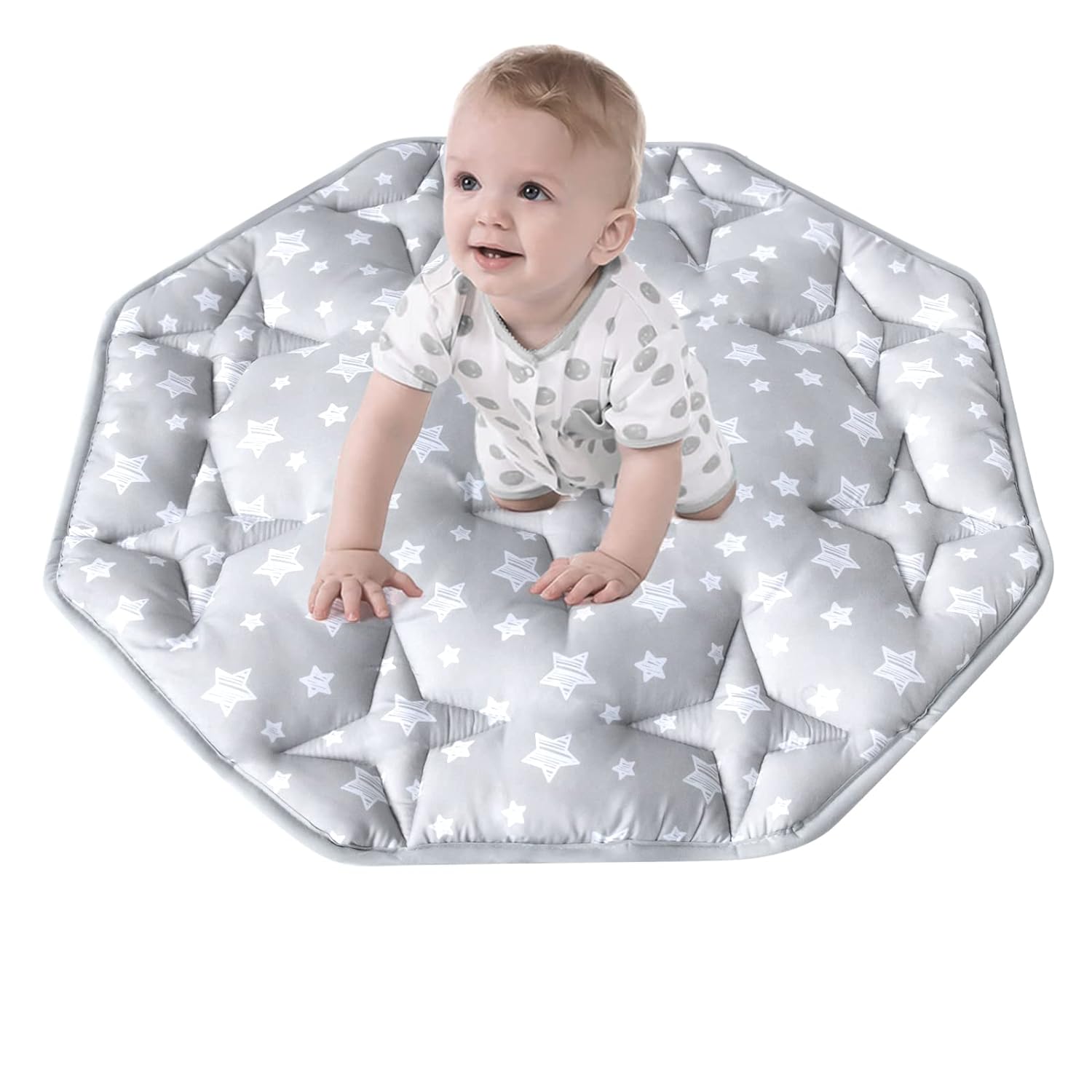 Baby Play Mat | Octagon Playpen Mat - Compatible with hiccapop MiniPod Baby Dome, Grey Star - Moonsea Bedding