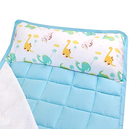 Toddler Nap Mat- Removable Pillow and Fleece Minky Blanket, 21" x 50", Dinosaur