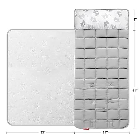 Toddler Nap Mat- Removable Pillow and Fleece Minky Blanket, 21" x 50", Elephant