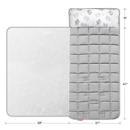 Toddler Nap Mat- Removable Pillow and Fleece Minky Blanket, 21" x 50", Elephant