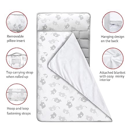 Toddler Nap Mat- Removable Pillow and Fleece Minky Blanket, 21" x 50", Elephant