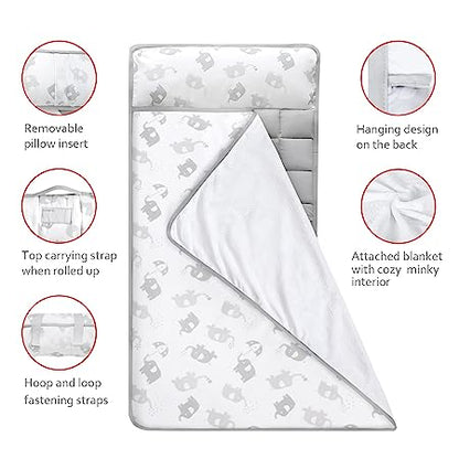 Toddler Nap Mat- Removable Pillow and Fleece Minky Blanket, 21" x 50", Elephant