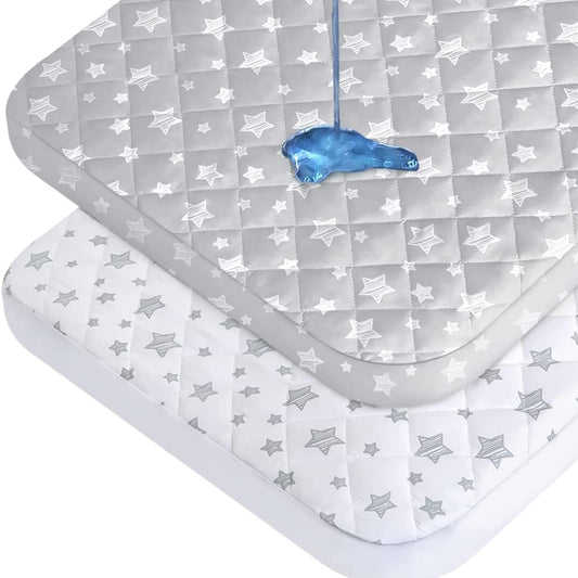 Pack n Play Sheet Quilted | Mini Crib Sheet - Pack and Play Mattress Pad Cover, Ultra-Soft Microfiber, Fits Graco Pack and Play, Grey and White Star - Moonsea Bedding