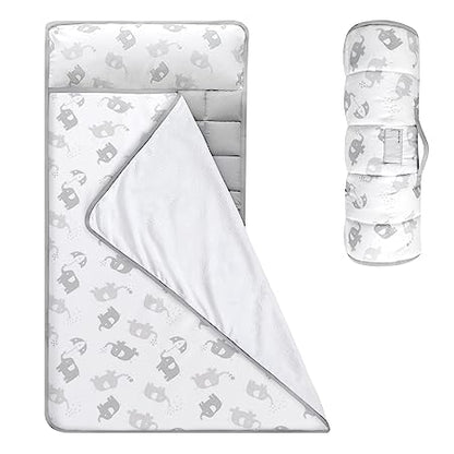 Toddler Nap Mat- Removable Pillow and Fleece Minky Blanket, 21" x 50", Elephant