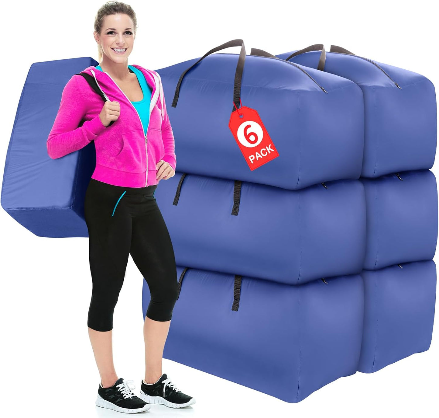 Heavy Duty Moving Bags, 6 Pack Extra Large Storage Totes with Strong Zippers & Reinforced Handles for Clothes, Packing & Moving, Black