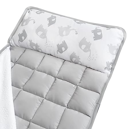 Toddler Nap Mat- Removable Pillow and Fleece Minky Blanket, 21" x 50", Elephant