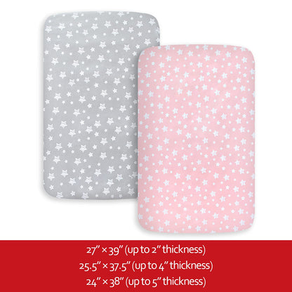 Pack n Play Sheet | Mini Crib Sheet - 2 Pack, Ultra-Soft Microfiber, Fits Graco Pack and Play, Grey Stars& Pink Stars