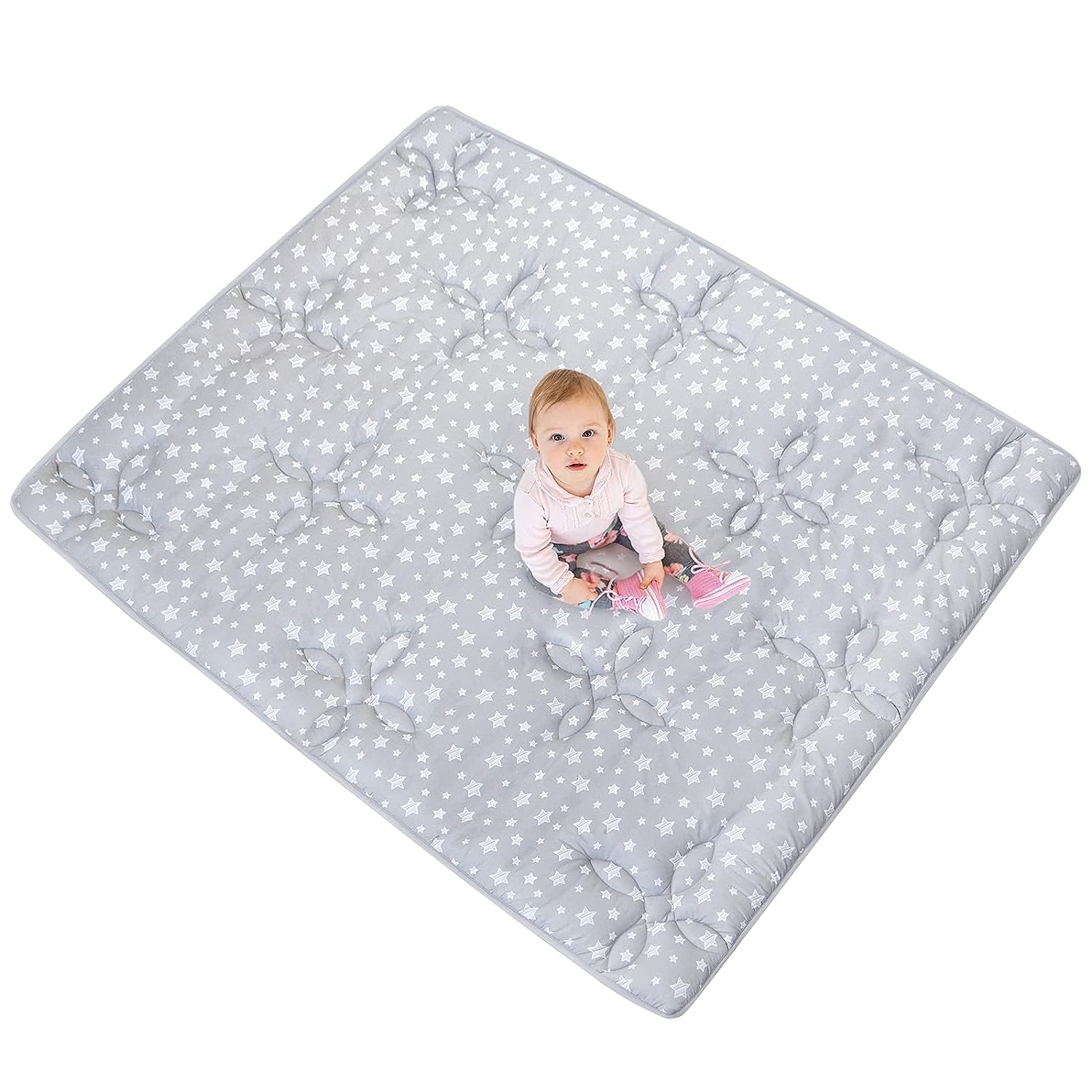 Baby Play Mat | Playpen Mat - 72" x 59", Large Padded Tummy Time Activity Mat for Infant & Toddler, Quilted with Four-Leaf Clover, Grey Star - Moonsea Bedding