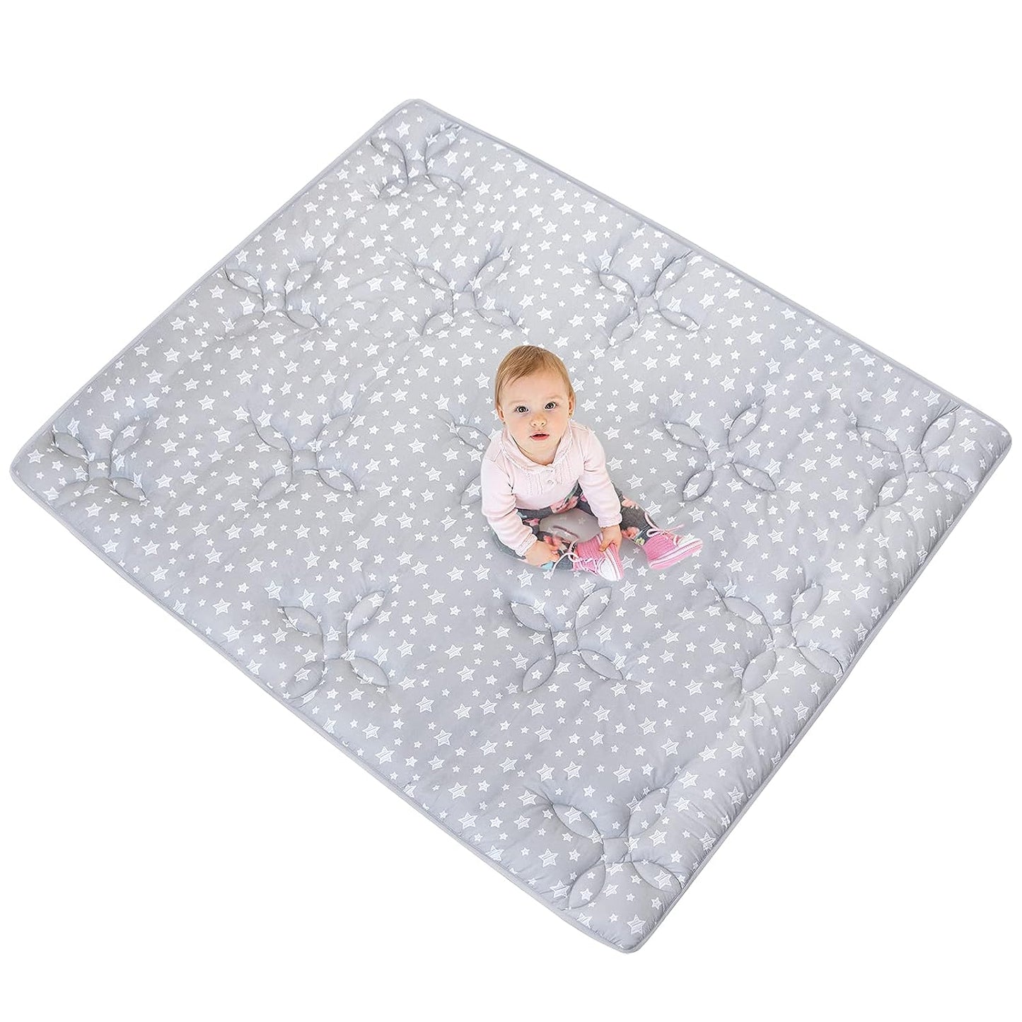 Baby Play Mat | Playpen Mat - 72" x 59", Large Padded Tummy Time Activity Mat for Infant & Toddler, Grey Star - Moonsea Bedding