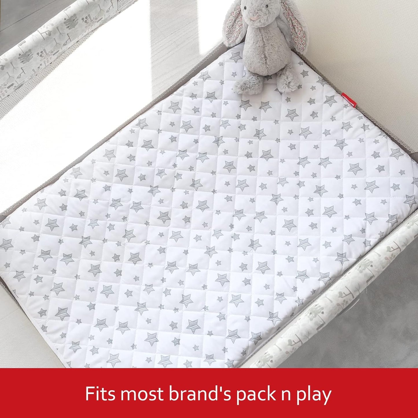 Pack n Play Sheet Quilted | Mini Crib Sheet - 2 Pack, Pack and Play Mattress Pad Cover, Ultra-Soft Microfiber,Waterproof, Fits Graco Pack and Play, Grey and White Star