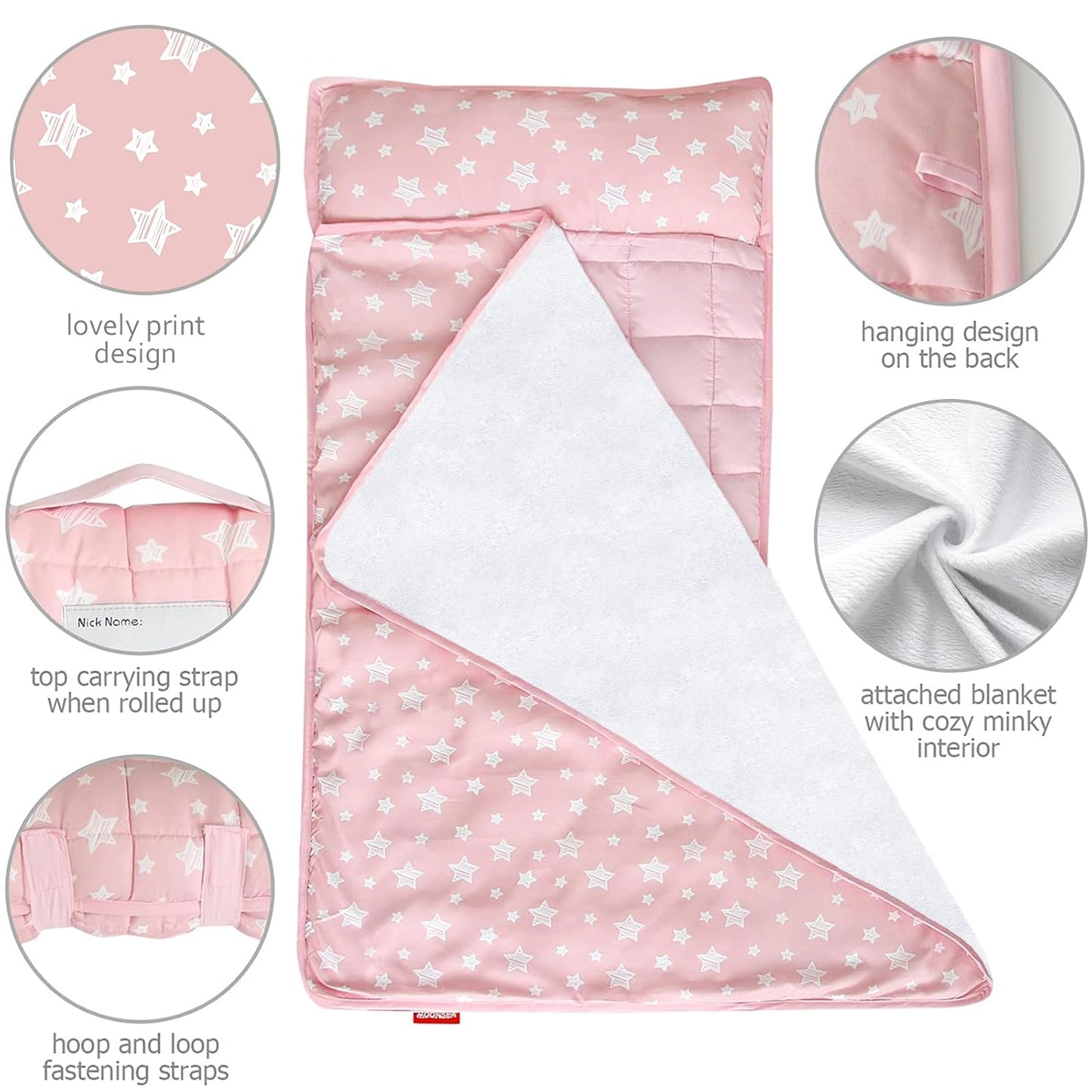 Toddler Nap Mat- Pillow And Fleece Minky Blanket, 21''x50'',Pink Star