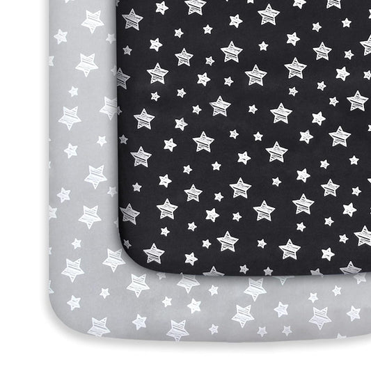 Pack n Play Sheet | Mini Crib Sheet - 2 Pack, Ultra-Soft Microfiber, Fits Graco Pack and Play, Grey & Black Stars