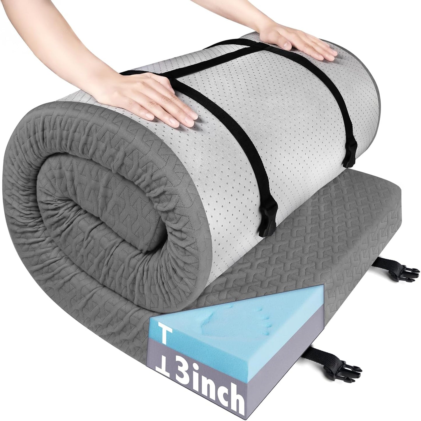 3 Inch Memory Foam Camping Mattress Pad,Portable Roll-Up Sleeping Pad with Waterproof Removable Cover for Tent, Cot & Car
