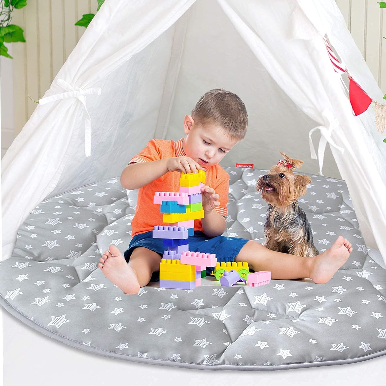 Baby Play Mat | Play Tent Mat - Round Padded and Non-Slip Activity Mat for Kids and Toddlers, Grey Star - Moonsea Bedding