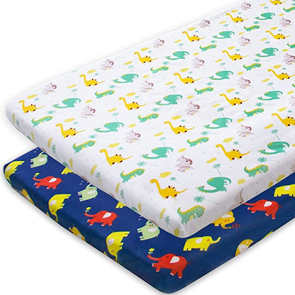 Pack and Play Sheets, Compatible with Graco Pack n Play/Mini Crib, 2 Packs, Microfiber, Elephant&Dinosaur