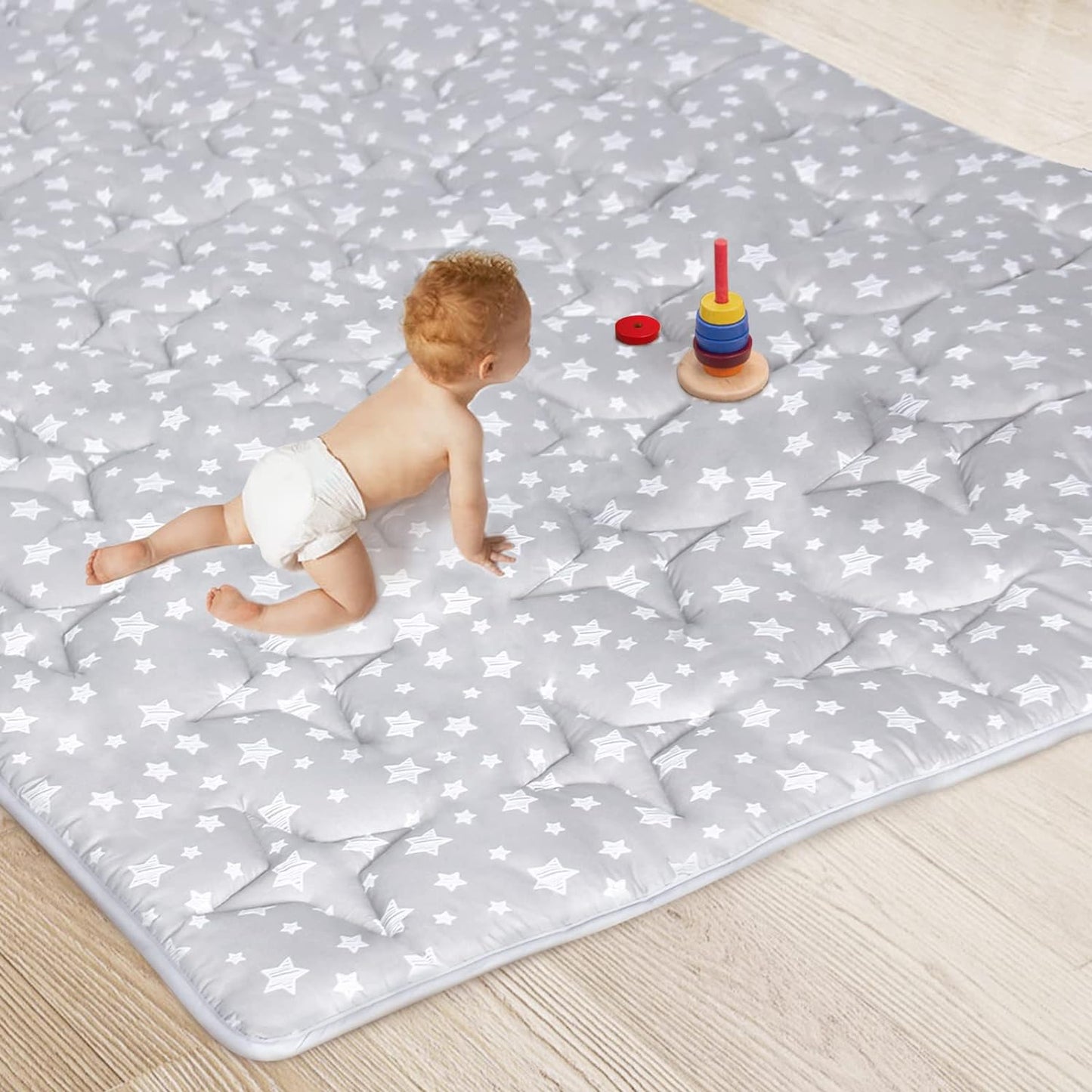 Baby Play Mat | Playpen Mat - 79" x 63", Large Padded Tummy Time Activity Mat for Infant & Toddler, Grey Star - Moonsea Bedding