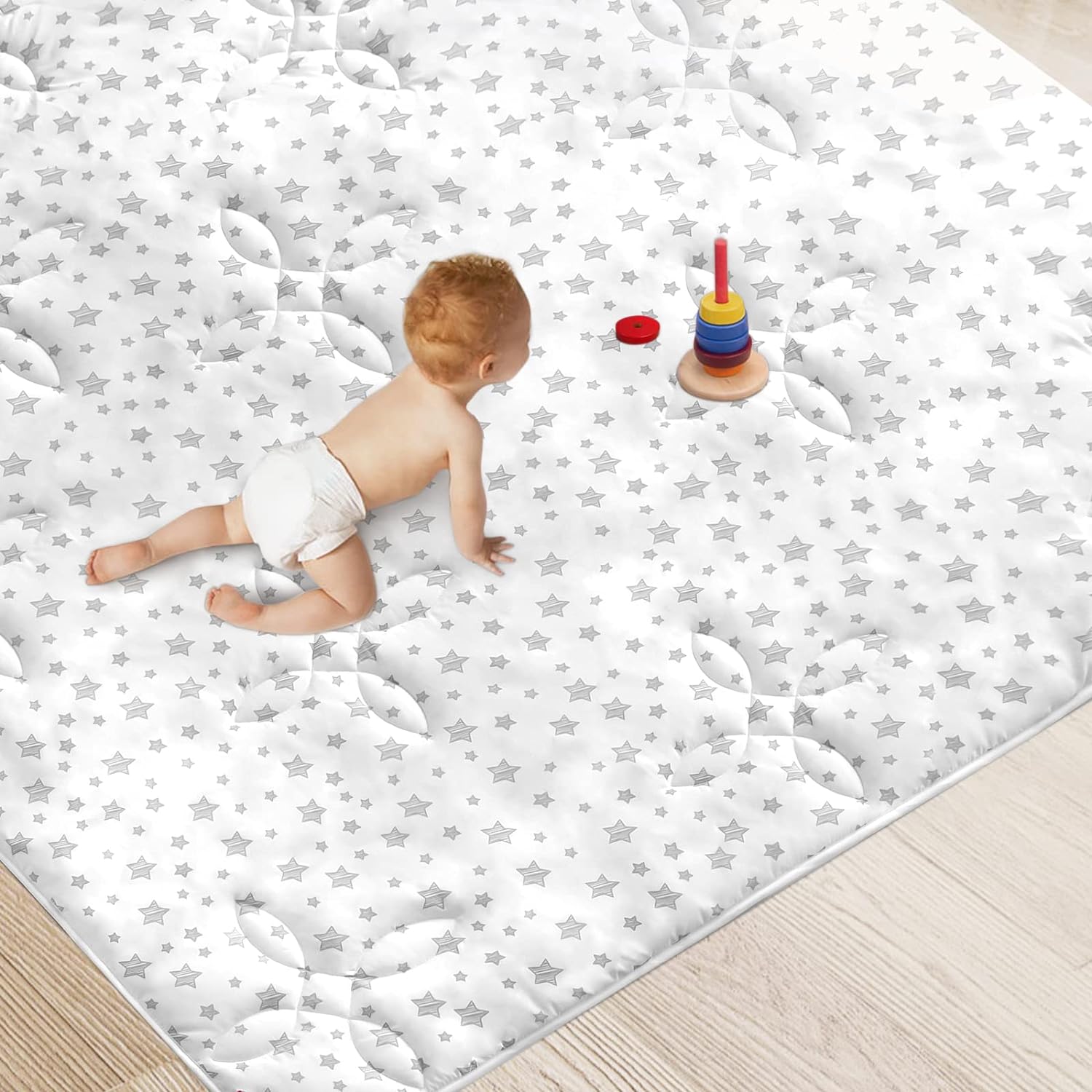 Baby Play Mat | Playpen Mat - 72" x 59", Large Padded Tummy Time Activity Mat for Infant & Toddler, Quilted with Four-Leaf Clover, White Star - Moonsea Bedding