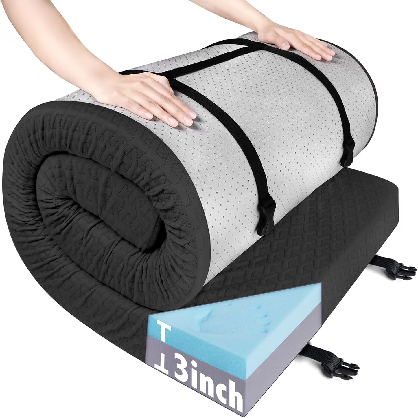 3 Inch Memory Foam Camping Mattress Pad,Portable Roll-Up Sleeping Pad with Waterproof Removable Cover for Tent, Cot & Car