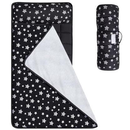Toddler Nap Mat- Pillow And Fleece Minky Blanket, 21''x50'',Black Star