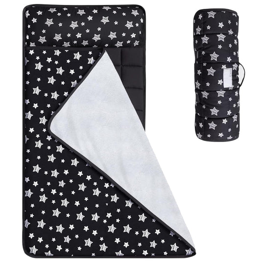 Toddler Nap Mat- Pillow And Fleece Minky Blanket, 21''x50'',Black Star