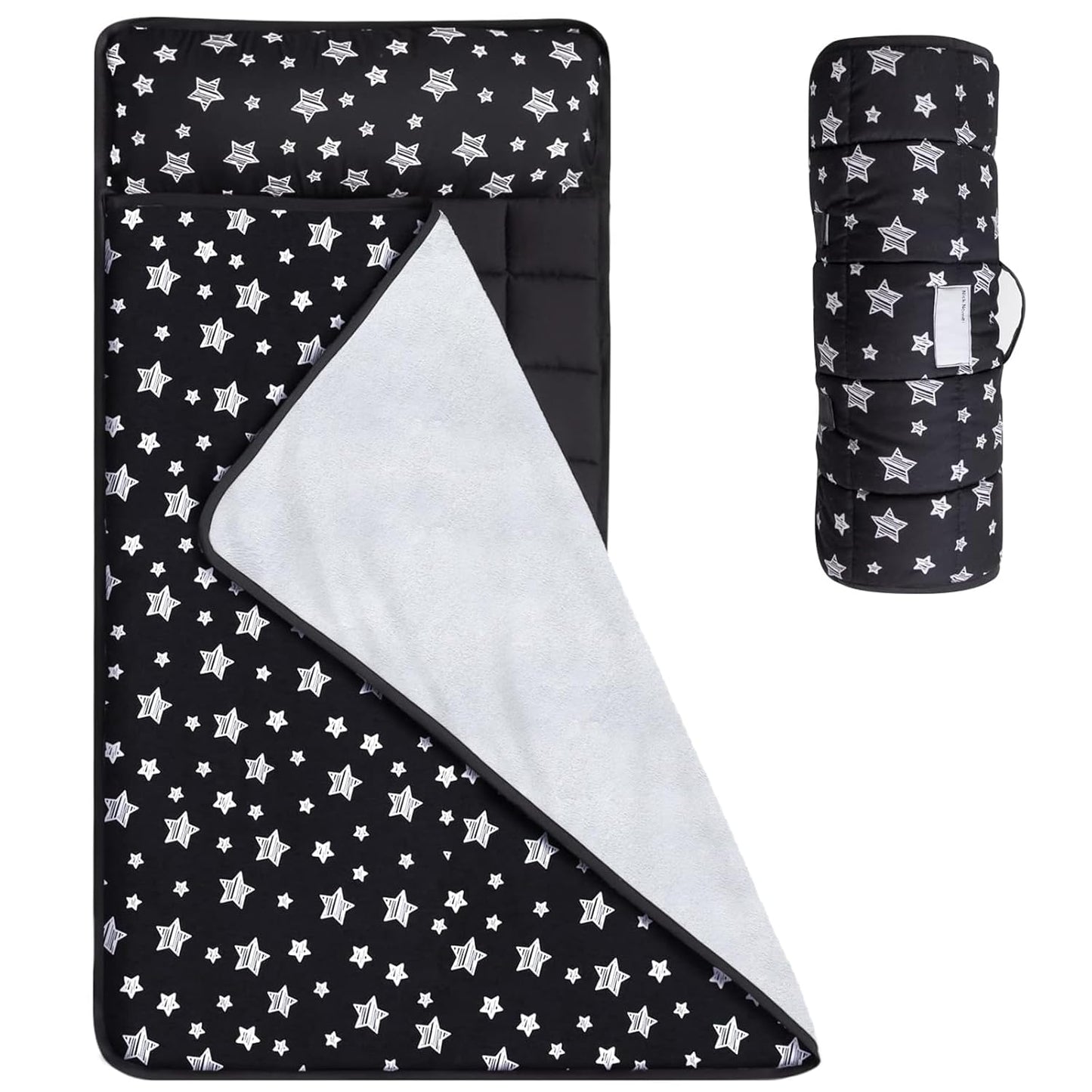Toddler Nap Mat- Pillow And Fleece Minky Blanket, 21''x50'', Grey Star