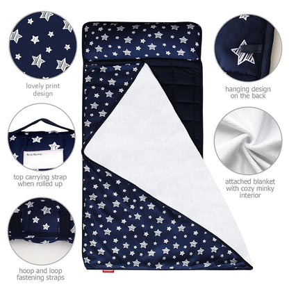 Toddler Nap Mat- Pillow And Fleece Minky Blanket, 21''x50'',Navy Star