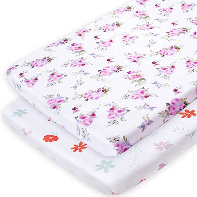 Pack and Play Sheets Compatible with Graco Pack n Play/Mini Crib, 2Packs, Microfiber, Floral