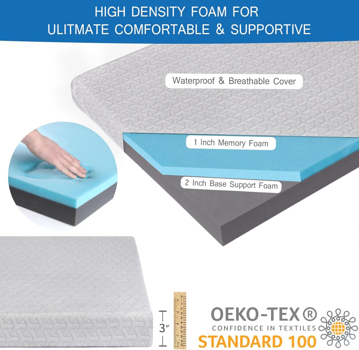 3 Inch Memory Foam Camping Mattress Pad,Portable Roll-Up Sleeping Pad with Waterproof Removable Cover for Tent, Cot & Car