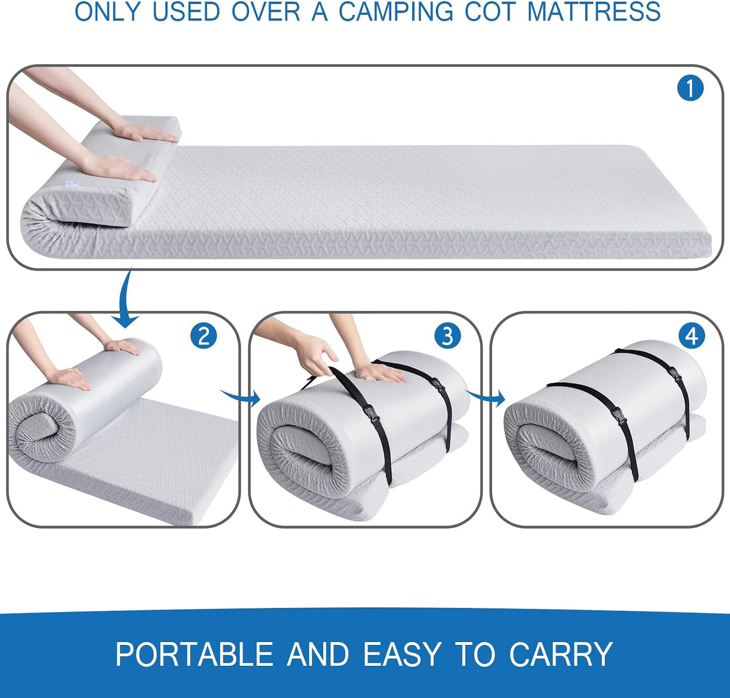 3 Inch Memory Foam Camping Mattress Pad,Portable Roll-Up Sleeping Pad with Waterproof Removable Cover for Tent, Cot & Car