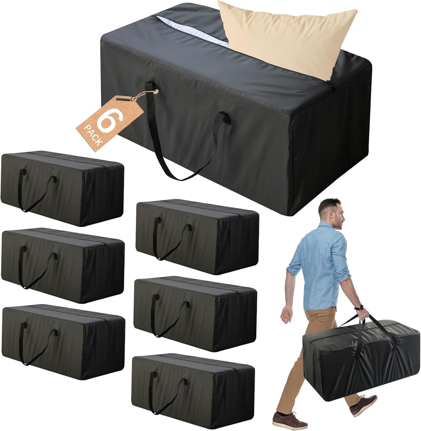 Heavy Duty Moving Bags, 6 Pack Extra Large Storage Totes with Strong Zippers & Reinforced Handles for Clothes, Packing & Moving, Black