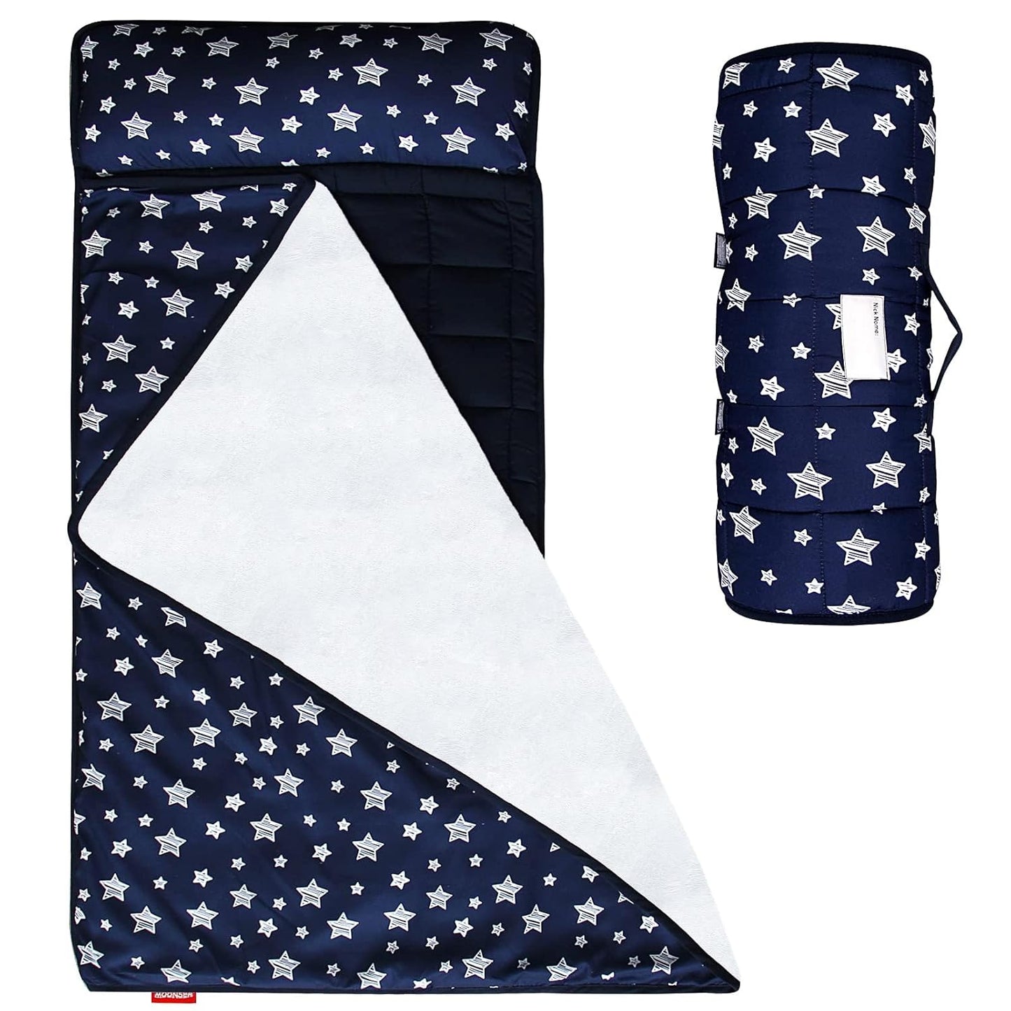 Toddler Nap Mat- Pillow And Fleece Minky Blanket, 21''x50'', Grey Star