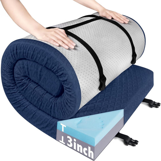 3 Inch Memory Foam Camping Mattress Pad, Portable Roll-Up Sleeping Pad with Waterproof Removable Cover for Tent, Cot & Car