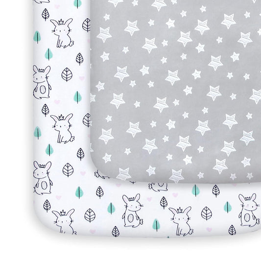 Pack n Play Sheet | Mini Crib Sheet - 2 Pack, Ultra-Soft Microfiber, Fits Graco Pack and Play, Stars & Bunny - Moonsea Bedding