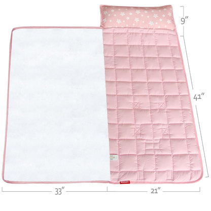 Toddler Nap Mat- Pillow And Fleece Minky Blanket, 21''x50'',Pink Star