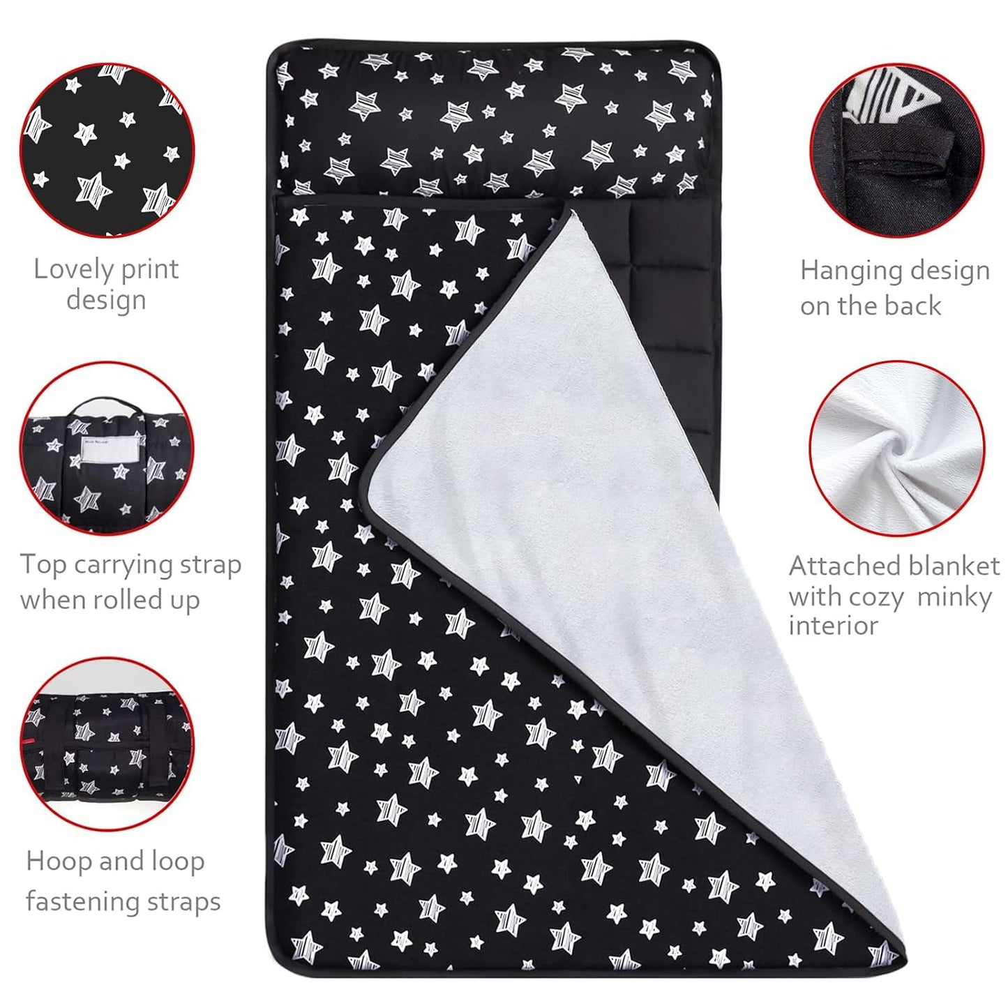 Toddler Nap Mat- Pillow And Fleece Minky Blanket, 21''x50'',Black Star