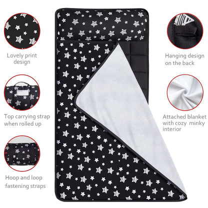 Toddler Nap Mat- Pillow And Fleece Minky Blanket, 21''x50'',Black Star