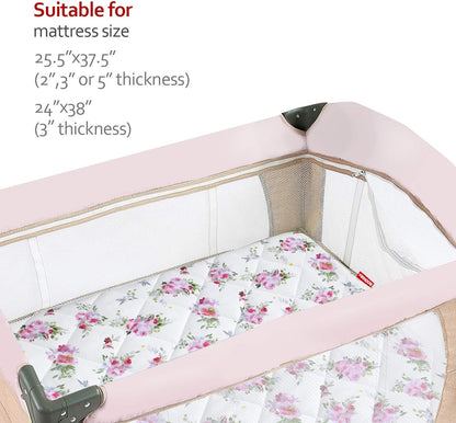 Pack n Play Sheet Quilted | Mini Crib Sheet - Pack and Play Mattress Pad Cover, Ultra-Soft Microfiber, Fits Graco Pack and Play, Floral