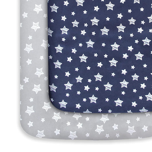 Pack n Play Sheet | Mini Crib Sheet - 2 Pack, Ultra-Soft Microfiber, Fits Graco Pack and Play, Navy Stars & Grey Stars-Moonsea Bedding