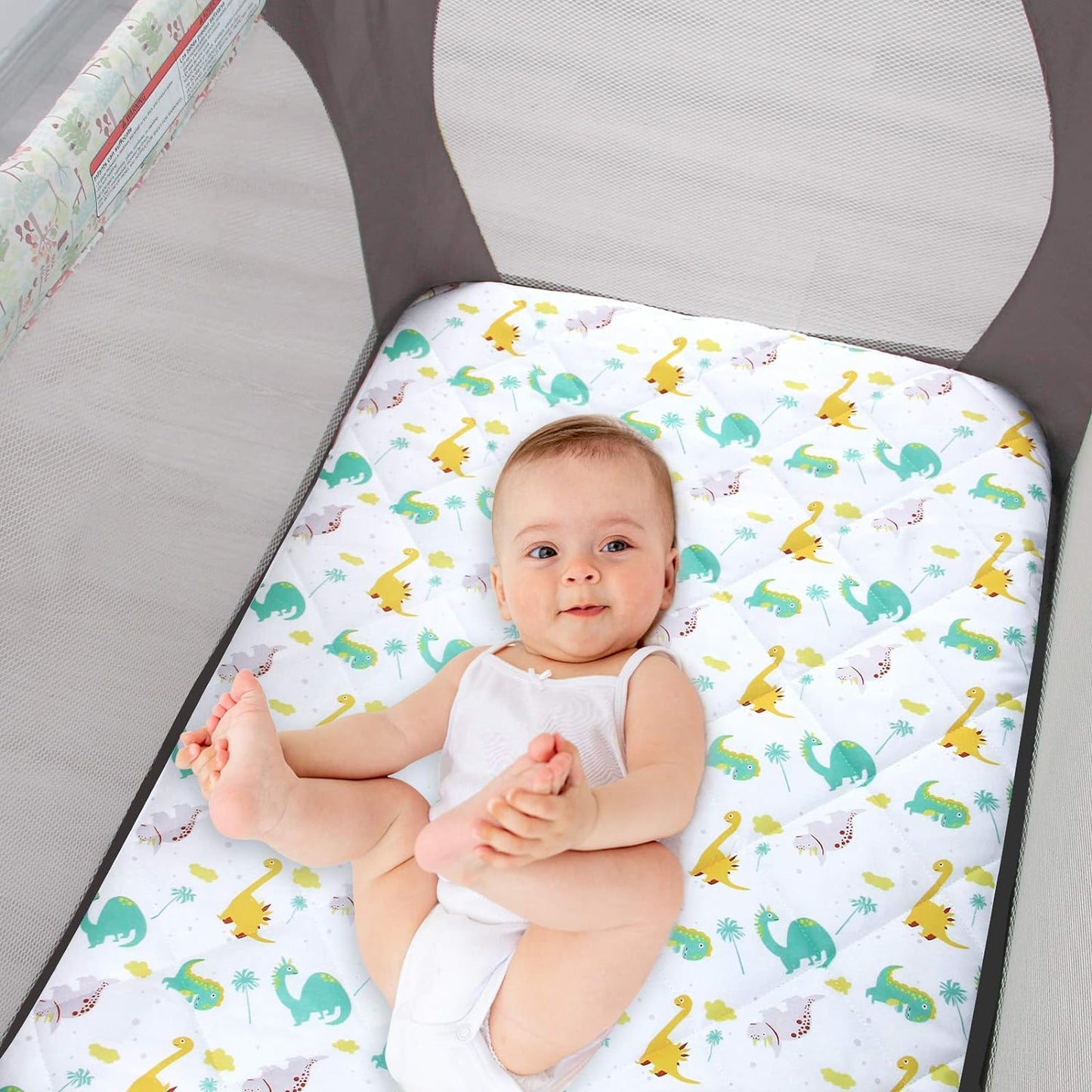 Pack n Play Sheet Quilted | Mini Crib Sheet - Pack and Play Mattress Pad Cover, Ultra-Soft Microfiber, Fits Graco Pack and Play, Dinosaur
