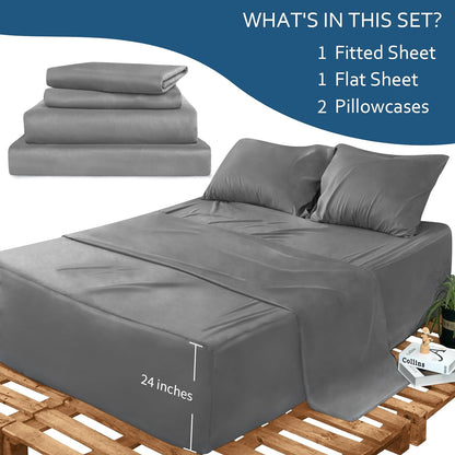 Sheet Set Deep Pocket - 4 Piece Extra Soft Bed Sheets - Side Storage Pocket Fitted Sheet & Pillowcase & Flat Sheet, Grey