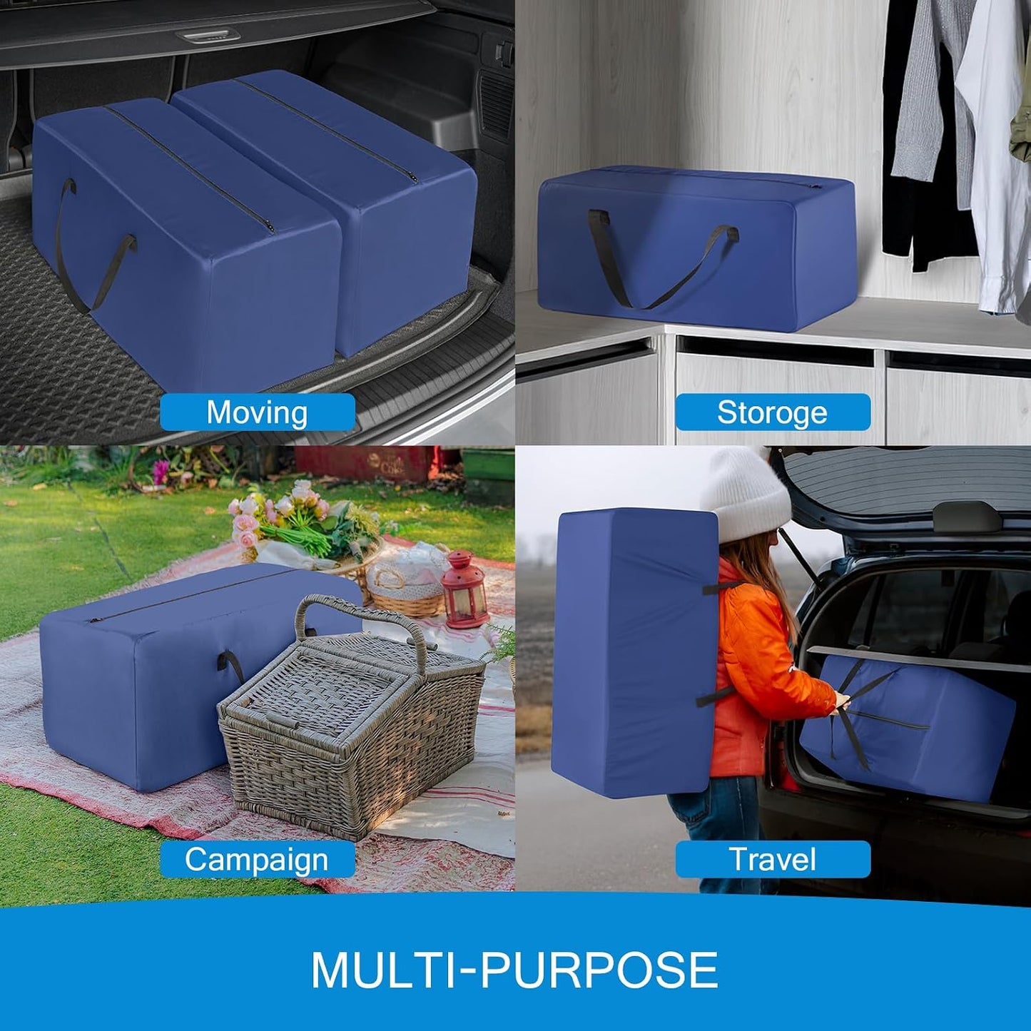 Heavy Duty Moving Bags, 6 Pack Extra Large Storage Totes with Strong Zippers & Reinforced Handles for Clothes, Packing & Moving, Black