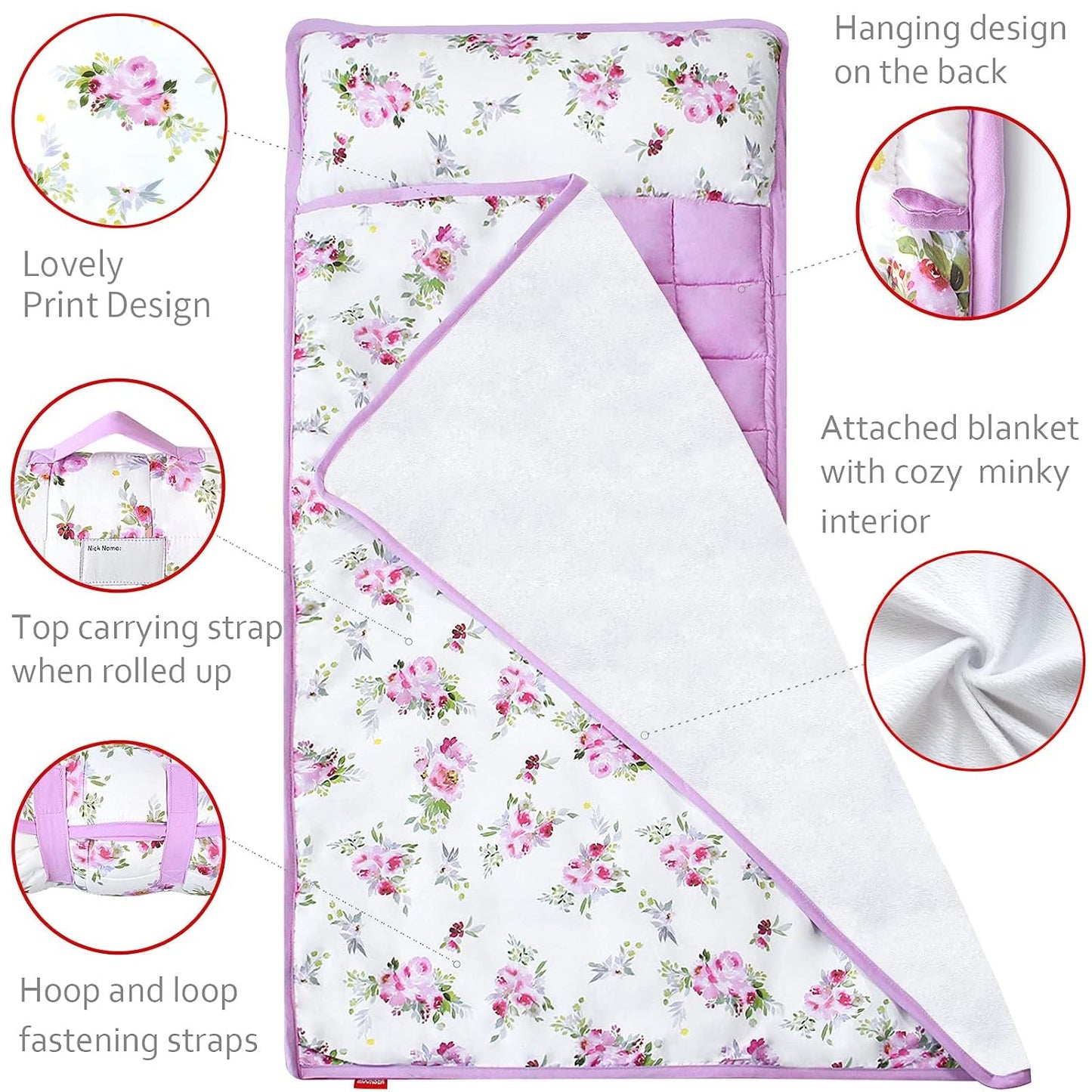 Toddler Nap Mat- Pillow And Fleece Minky Blanket, 21''x50'',Floral