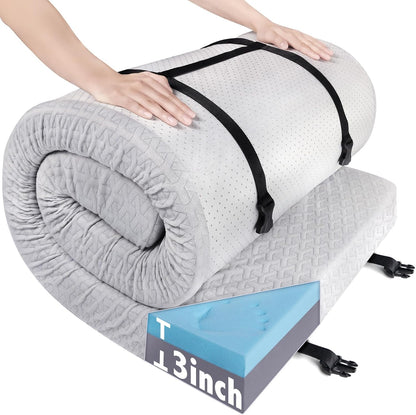 3 Inch Memory Foam Camping Mattress Pad,Portable Roll-Up Sleeping Pad with Waterproof Removable Cover for Tent, Cot & Car