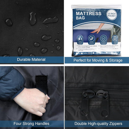Heavy Duty Waterproof Mattress Bag for Moving & Storage with 4 Handles, Double Zippers & Adjustable Straps, Reusable Cover