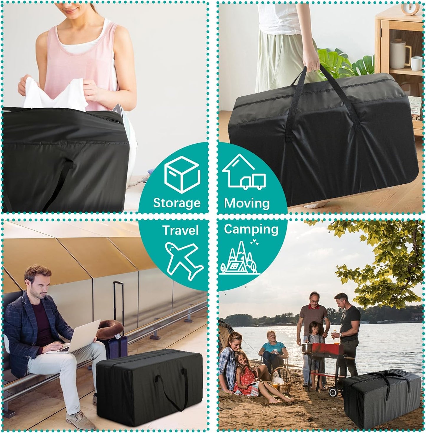 Heavy Duty Moving Bags, 6 Pack Extra Large Storage Totes with Strong Zippers & Reinforced Handles for Clothes, Packing & Moving, Black
