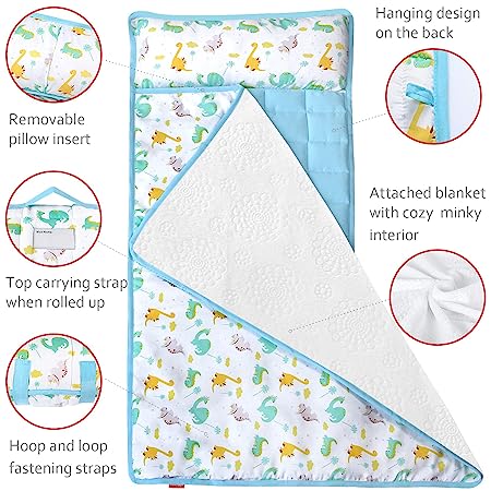 Toddler Nap Mat- Removable Pillow and Fleece Minky Blanket, 21" x 50", Dinosaur