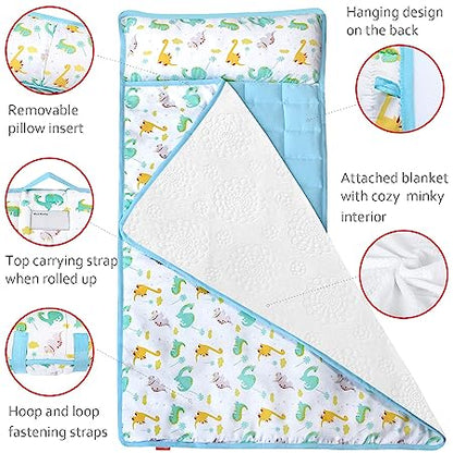 Toddler Nap Mat- Removable Pillow and Fleece Minky Blanket, 21" x 50", Dinosaur