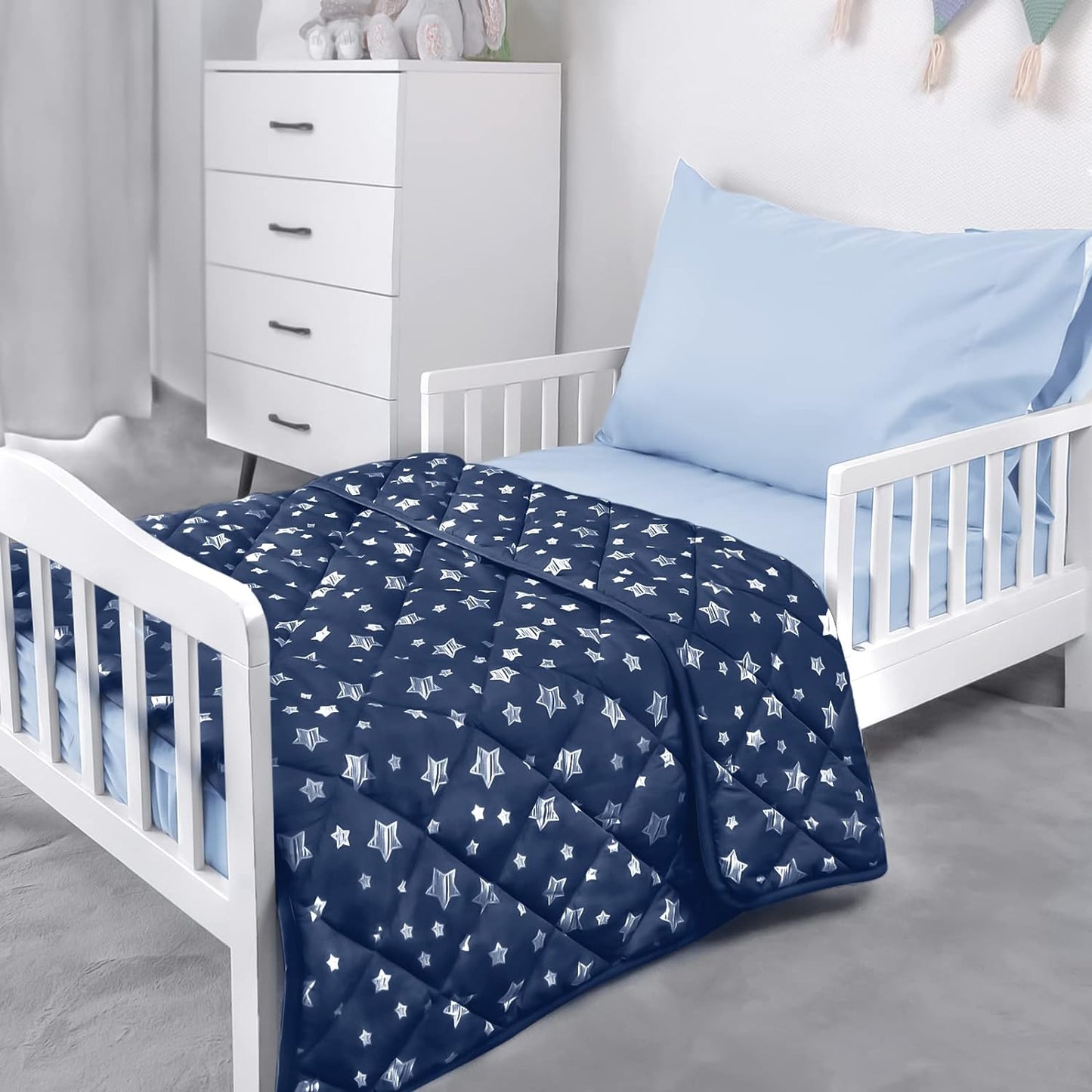 Baby Blanket, Toddler Comforter Quilted with Navy Star Print, Microfiber, 39''x47''