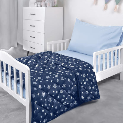Baby Blanket, Toddler Comforter Quilted with Navy Star Print, Microfiber, 39''x47''